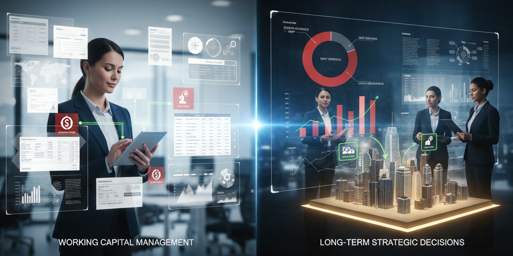 Split image showing a woman managing digital financial dashboards for working capital, and a team analyzing debt and financial models over a city skyline for long-term strategic decisions.