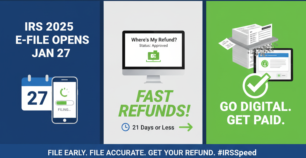 Digital illustration representing the IRS starting e-filing on January 27th, emphasizing fast processing and direct deposit for tax refunds.