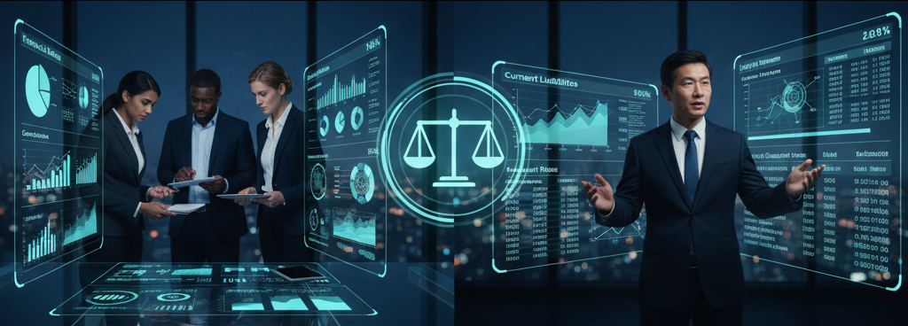 Business professionals analyzing holographic financial data displays with charts and 'Current Liabilities' to assess company health.