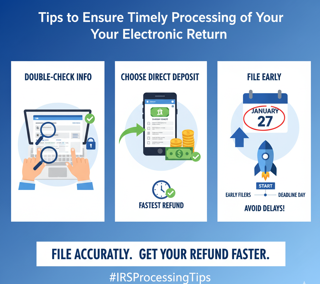 Infographic illustrating tips for faster IRS electronic tax return processing: double-checking information, choosing direct deposit, and filing early.