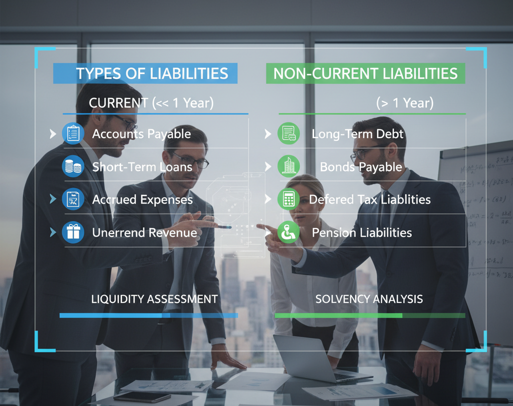 Four professionals discussing a holographic chart categorizing 'Current Liabilities' and 'Non-Current Liabilities' in a modern office.