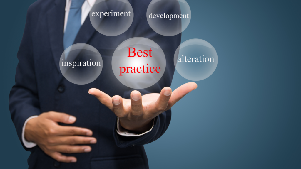 Businessman juggling transparent spheres labeled best practice, development, and inspiration, symbolizing growth strategy.